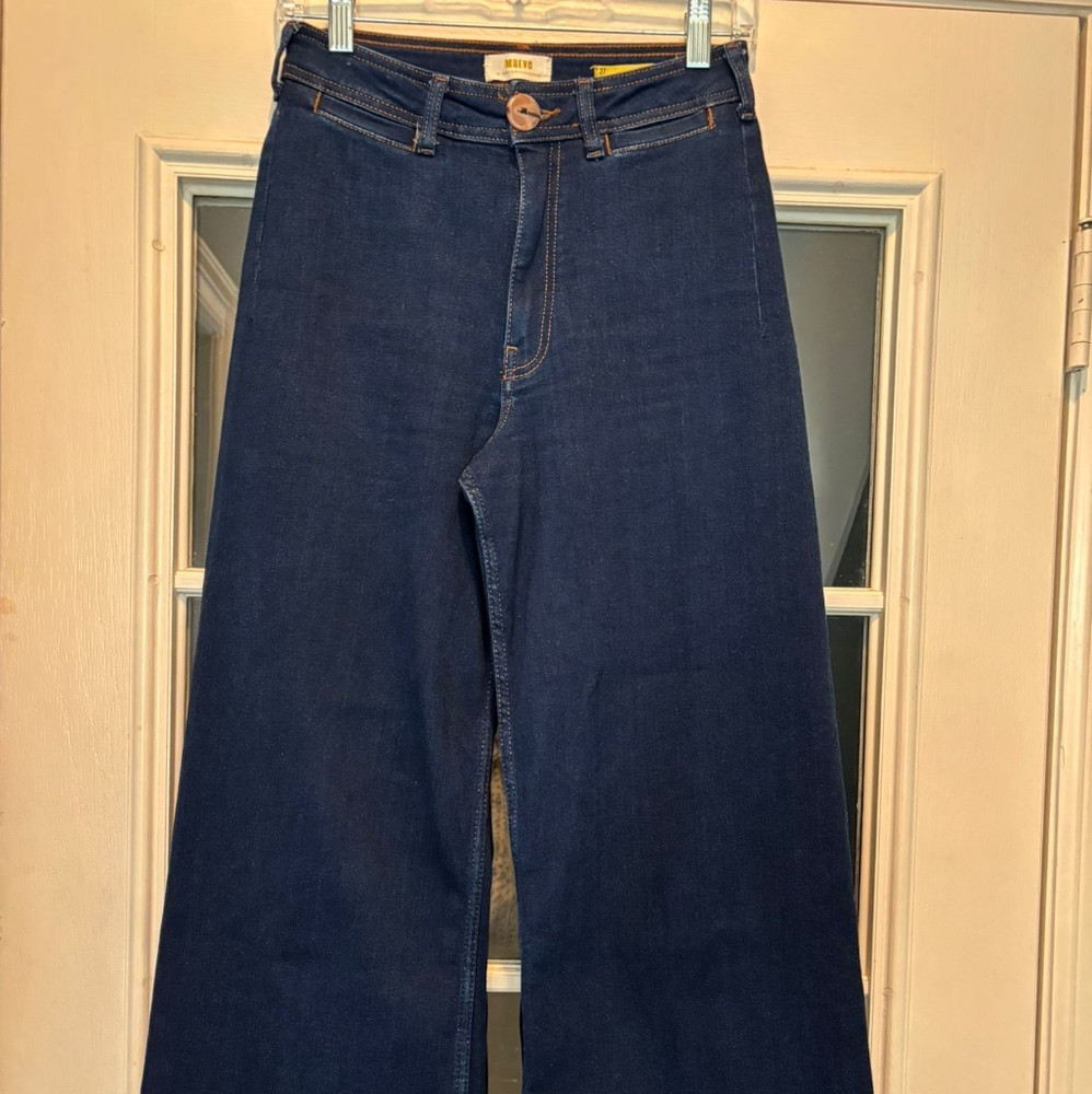 Anthropologie Maeve dark blue raw hem wide leg jeans